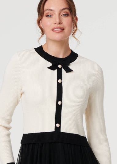 Izabel London Black & White Button Front Mesh Textured Jumper Dress