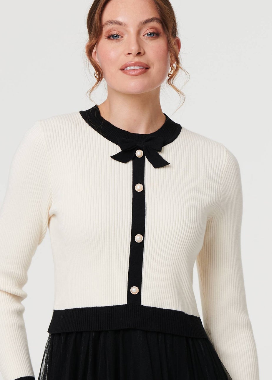 Izabel London Black & White Button Front Mesh Textured Jumper Dress