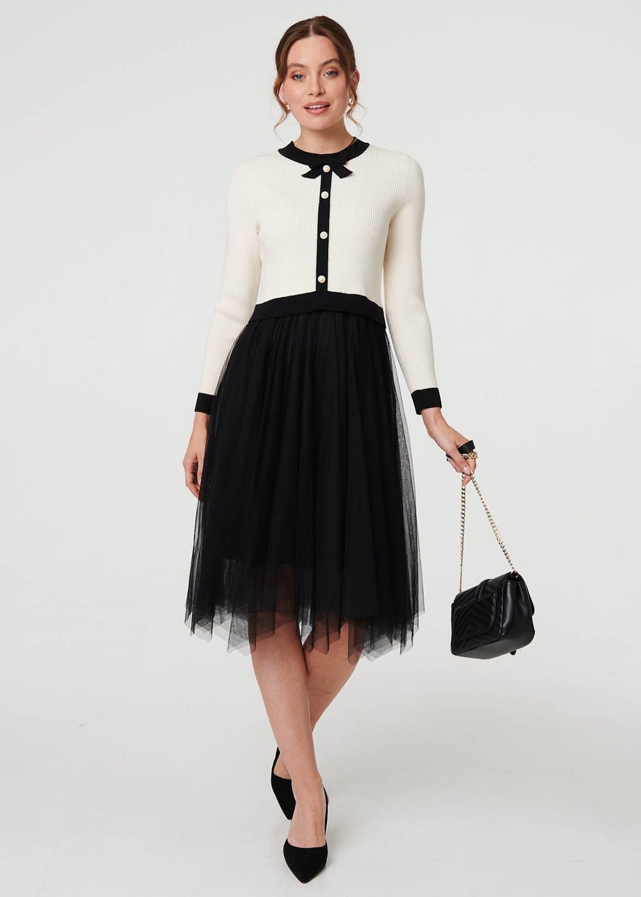 Izabel London Black & White Button Front Mesh Textured Jumper Dress