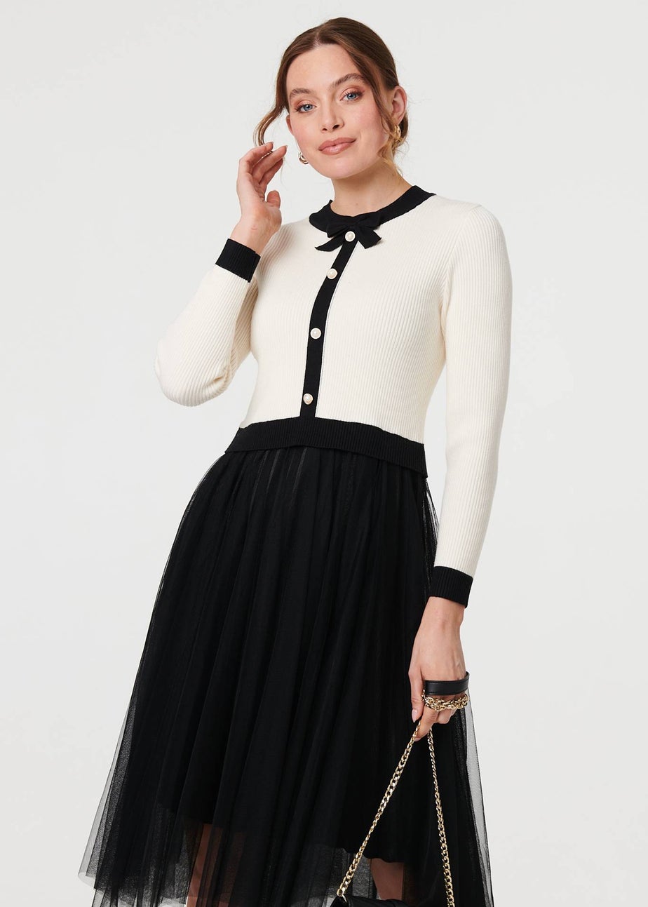 Izabel London Black & White Button Front Mesh Textured Jumper Dress