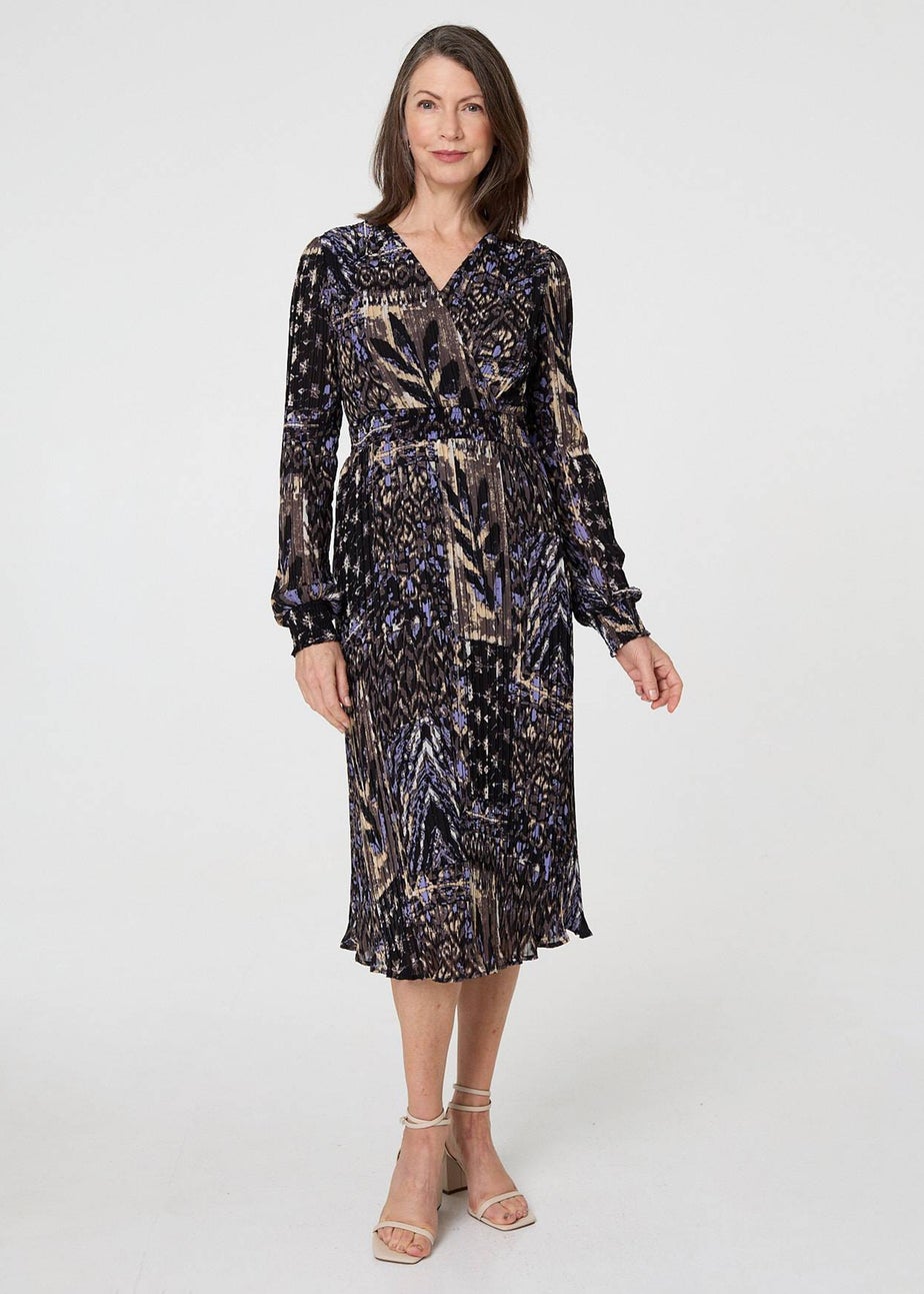 Izabel London Black Printed Shirred Waist Midi Wrap Dress