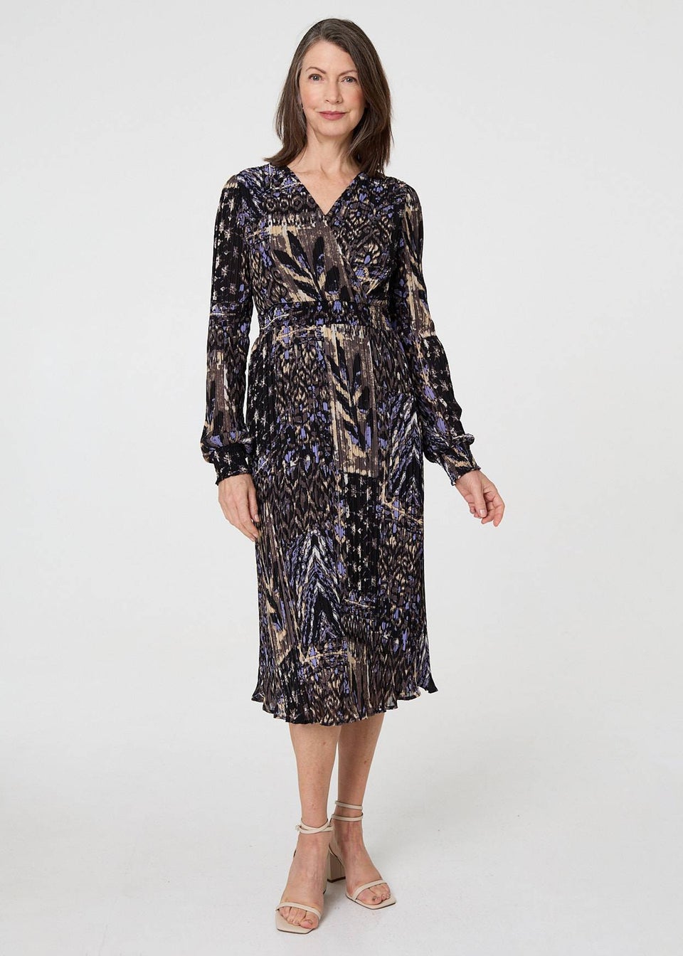 Izabel London Black Printed Shirred Waist Midi Wrap Dress