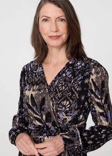 Izabel London Black Printed Shirred Waist Midi Wrap Dress