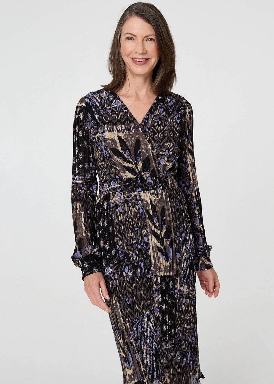 Izabel London Black Printed Shirred Waist Midi Wrap Dress