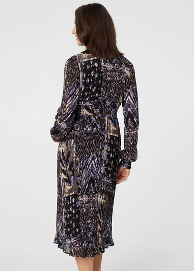 Izabel London Black Printed Shirred Waist Midi Wrap Dress