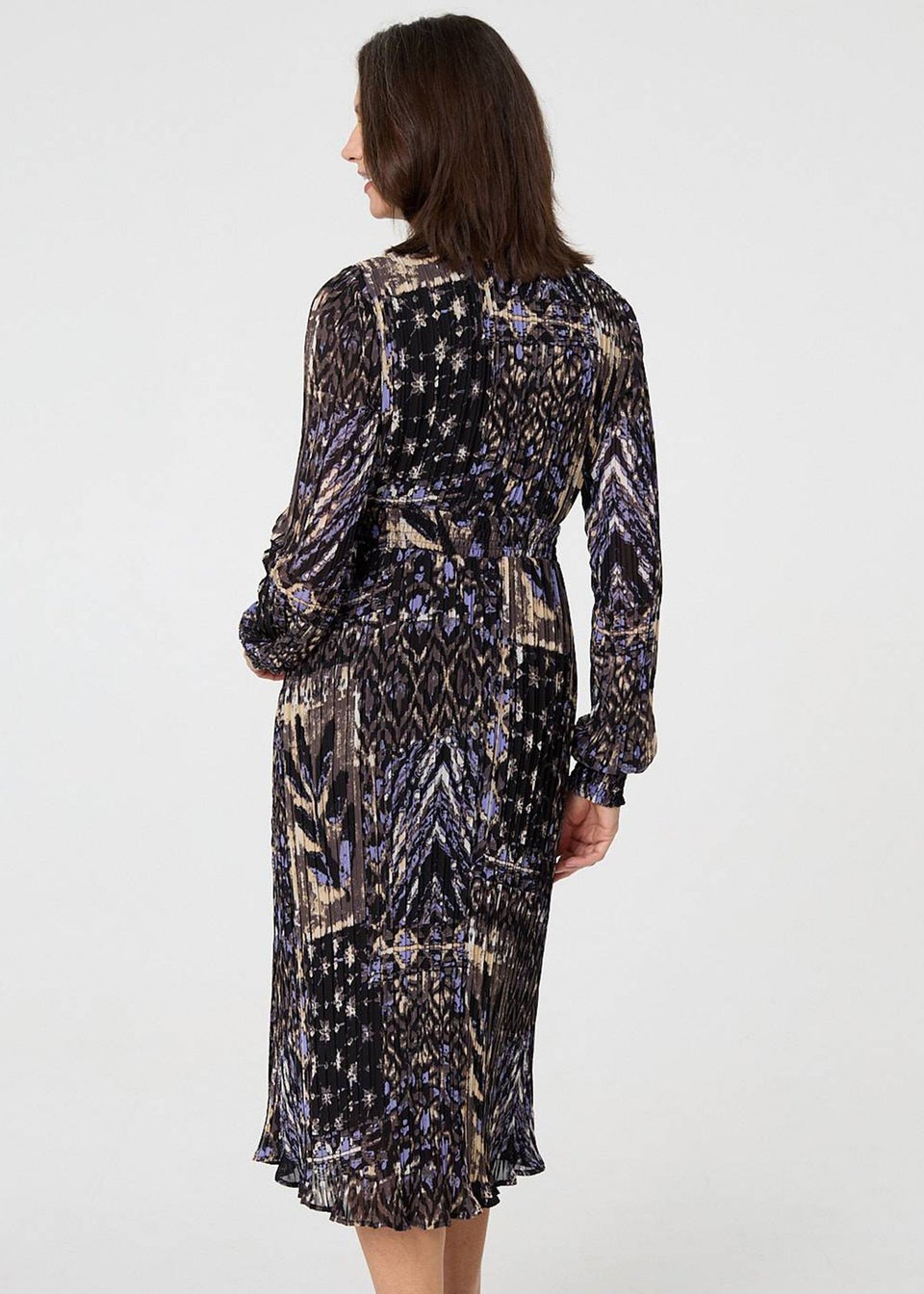 Izabel London Black Printed Shirred Waist Midi Wrap Dress