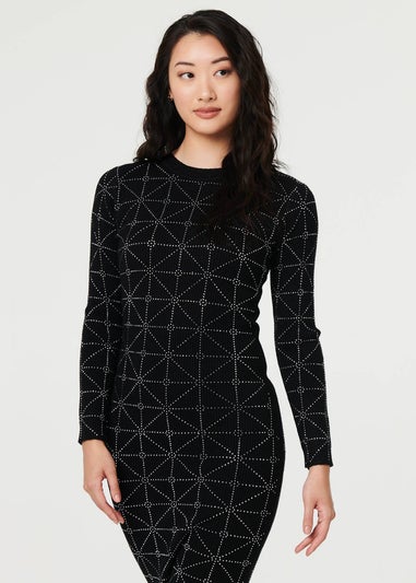 Izabel London Black Geo Diamante Detail Slim Knit Midi Dress