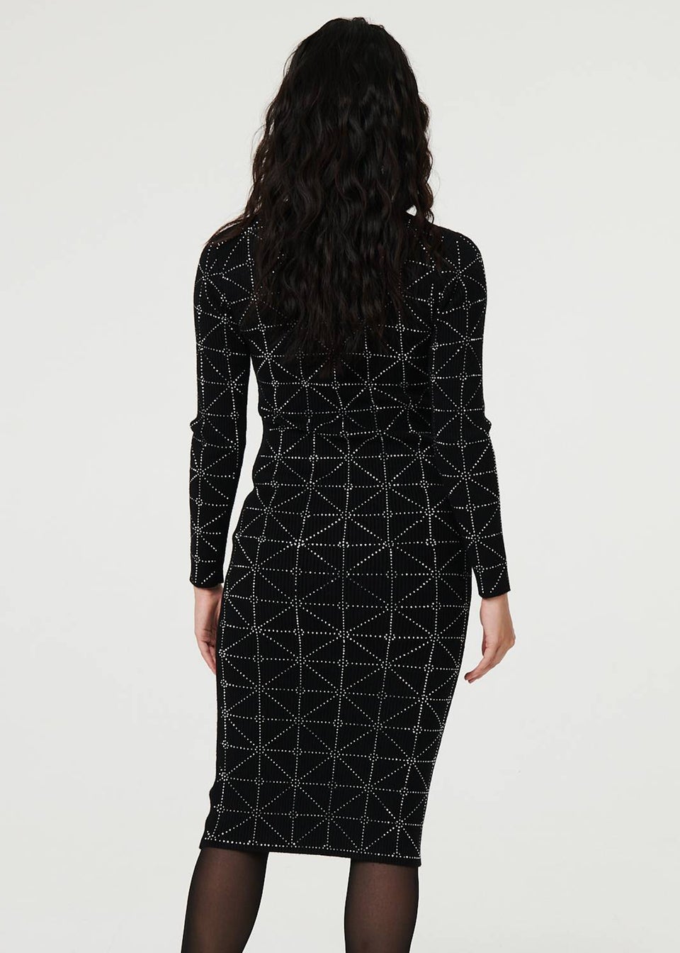 Izabel London Black Geo Diamante Detail Slim Knit Midi Dress