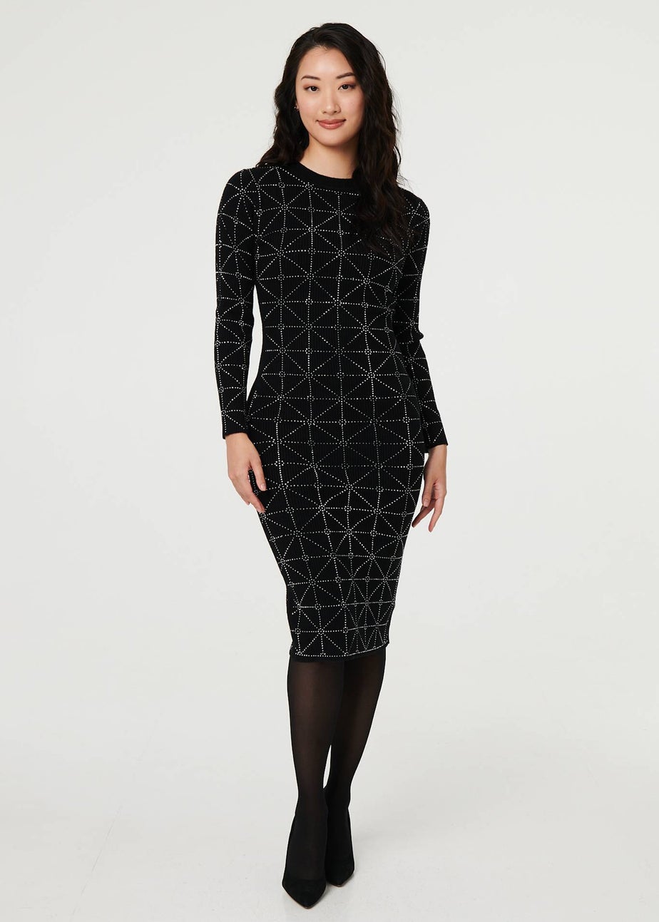 Izabel London Black Geo Diamante Detail Slim Knit Midi Dress