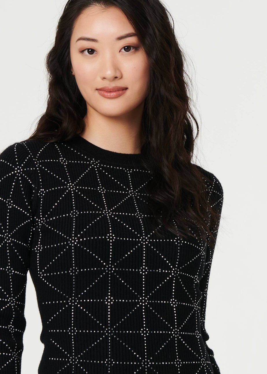 Izabel London Black Geo Diamante Detail Slim Knit Midi Dress