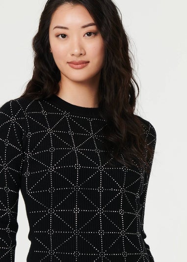 Izabel London Black Geo Diamante Detail Slim Knit Midi Dress