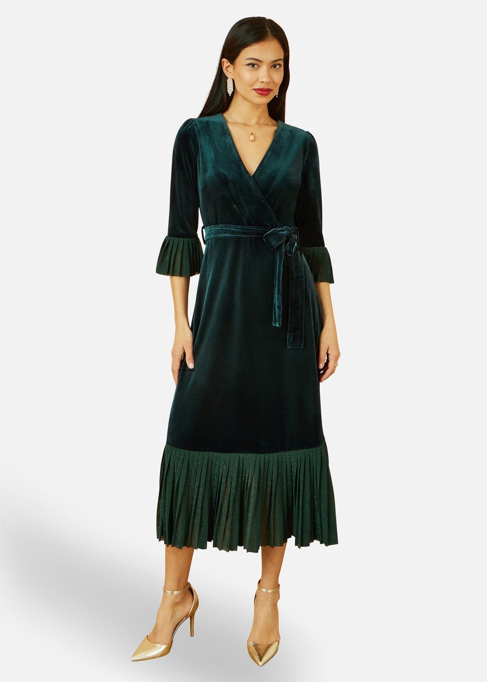 Yumi Green Velvet Wrap Midi Dress With Contrast Hemline