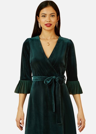 Yumi Green Velvet Wrap Midi Dress With Contrast Hemline