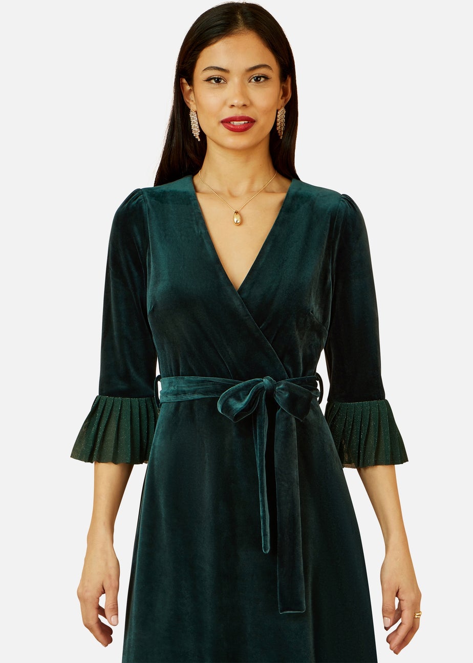 Yumi Green Velvet Wrap Midi Dress With Contrast Hemline