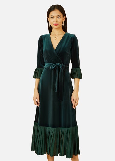 Yumi Green Velvet Wrap Midi Dress With Contrast Hemline