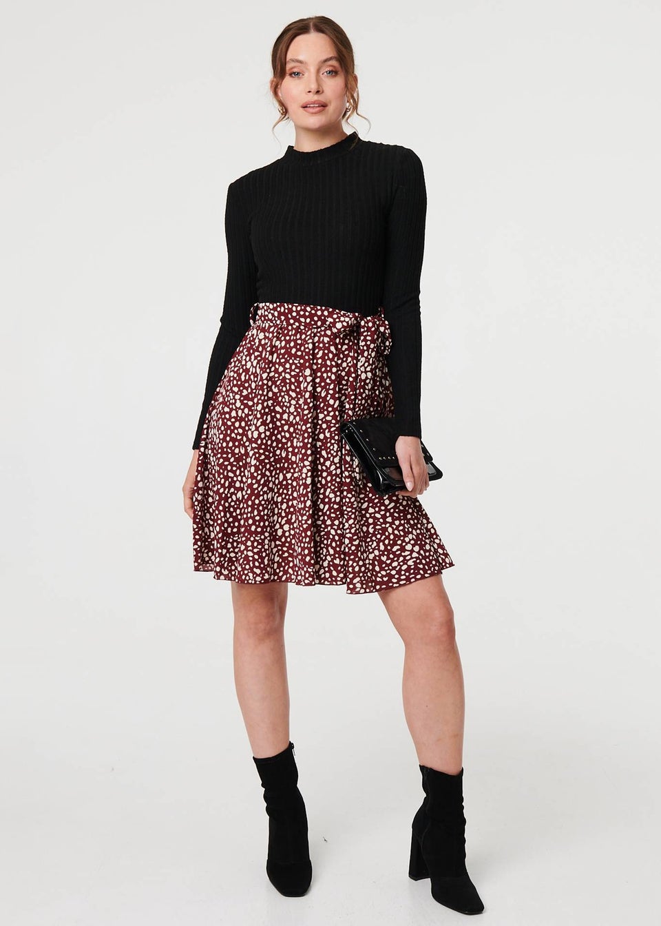 Izabel London Burgundy Printed Tie Waist Short Skater Dress