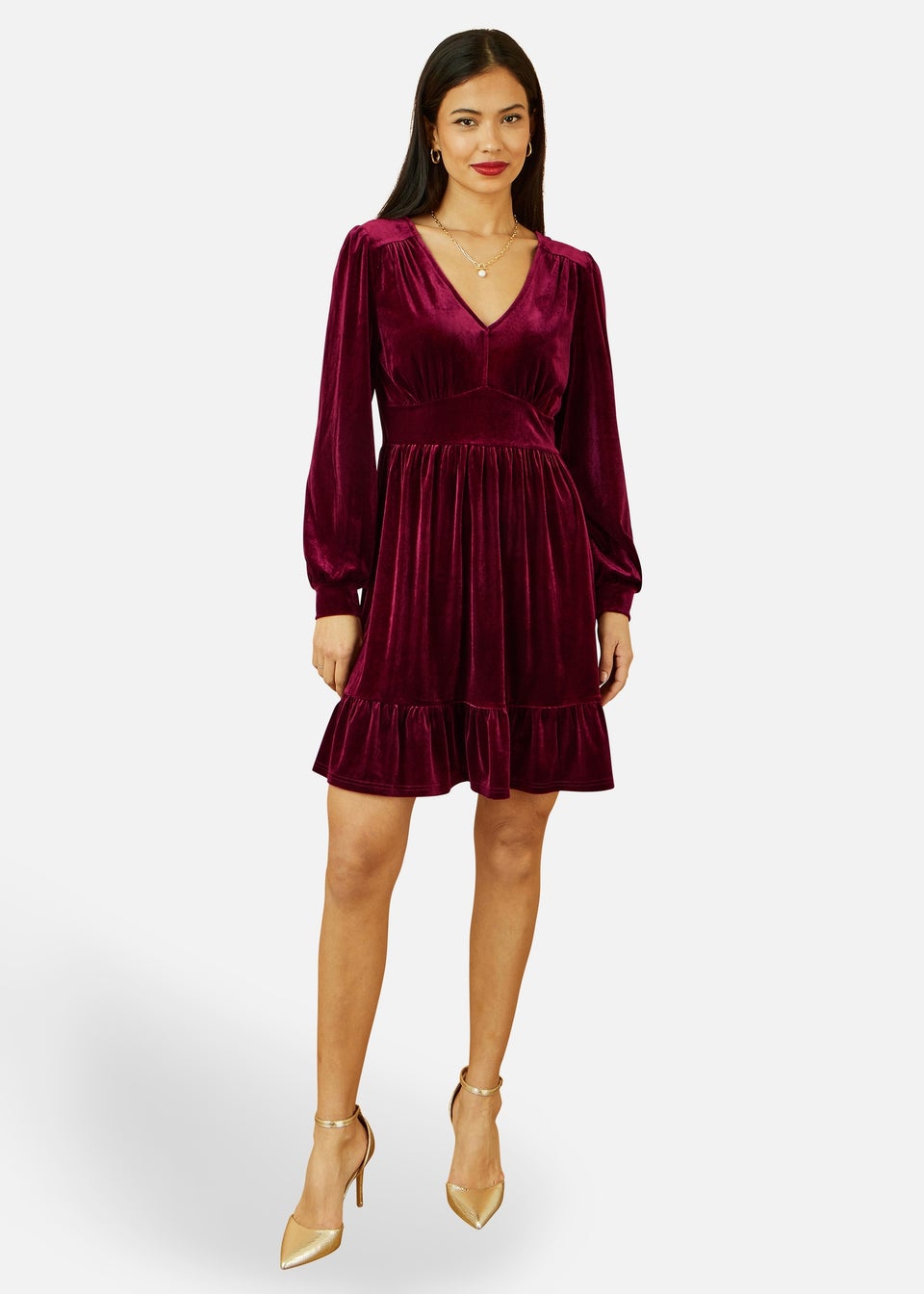 Yumi Burgundy Velvet Long Sleeve Skater Dress