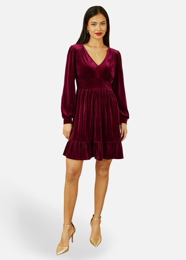 Yumi Burgundy Velvet Long Sleeve Skater Dress