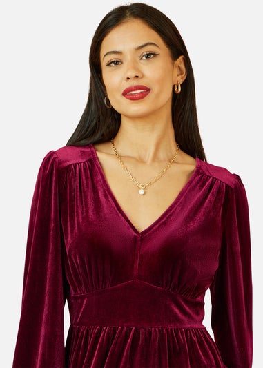 Yumi Burgundy Velvet Long Sleeve Skater Dress