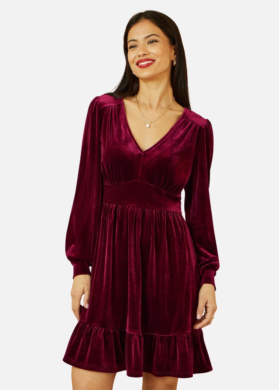 Yumi Burgundy Velvet Long Sleeve Skater Dress