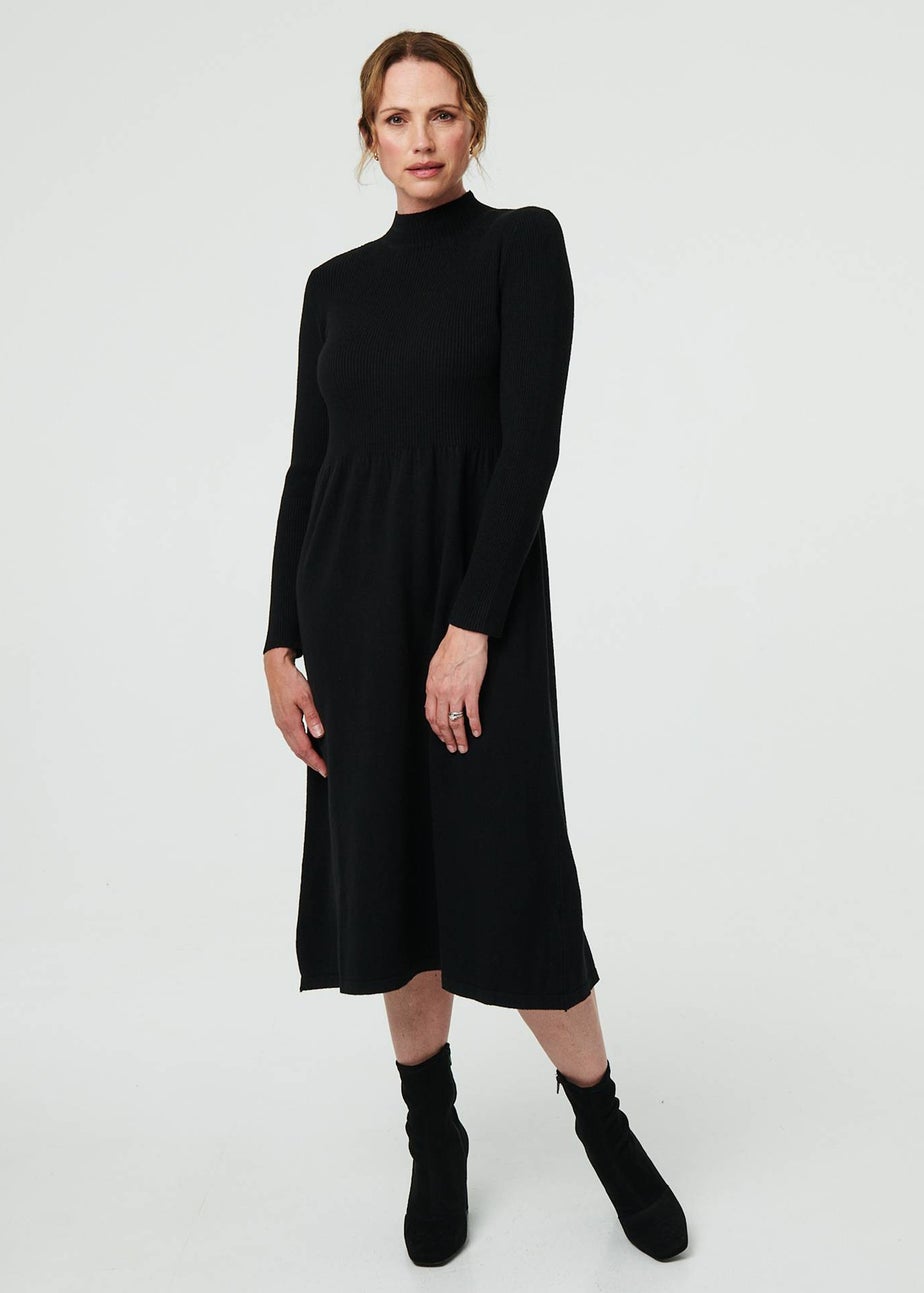 Izabel London Black Textured High Neck Midi Jumper Dress