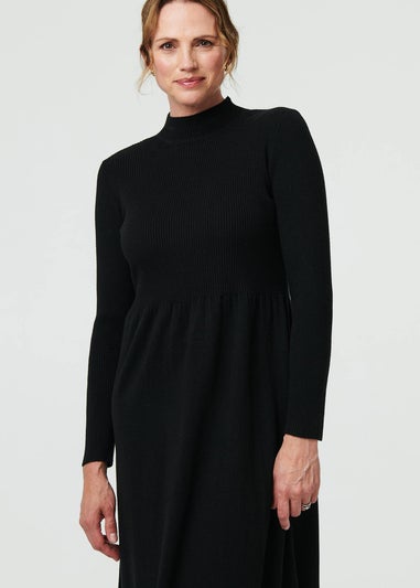 Izabel London Black Textured High Neck Midi Jumper Dress