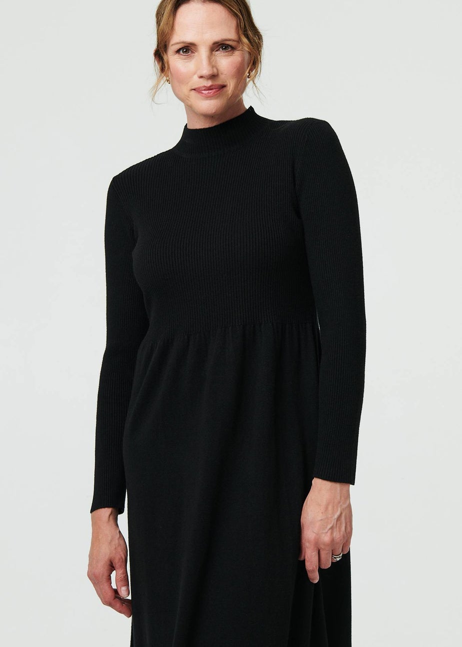 Izabel London Black Textured High Neck Midi Jumper Dress