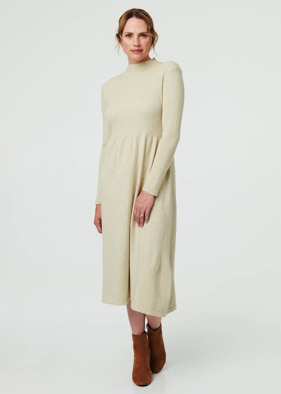 Izabel London Beige Textured High Neck Midi Jumper Dress