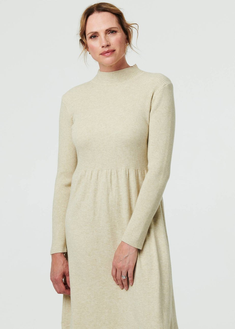 Izabel London Beige Textured High Neck Midi Jumper Dress