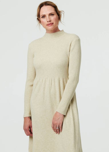 Izabel London Beige Textured High Neck Midi Jumper Dress