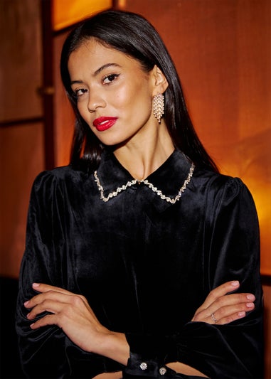 Yumi Black Long Sleeve Velvet Tunic With Diamante Collar
