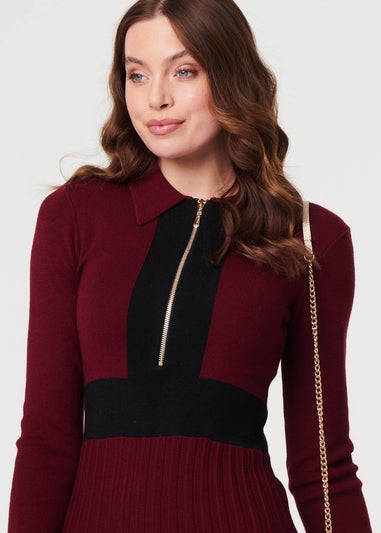 Izabel London Red Colour Block Zip Knit Knee Length Dress
