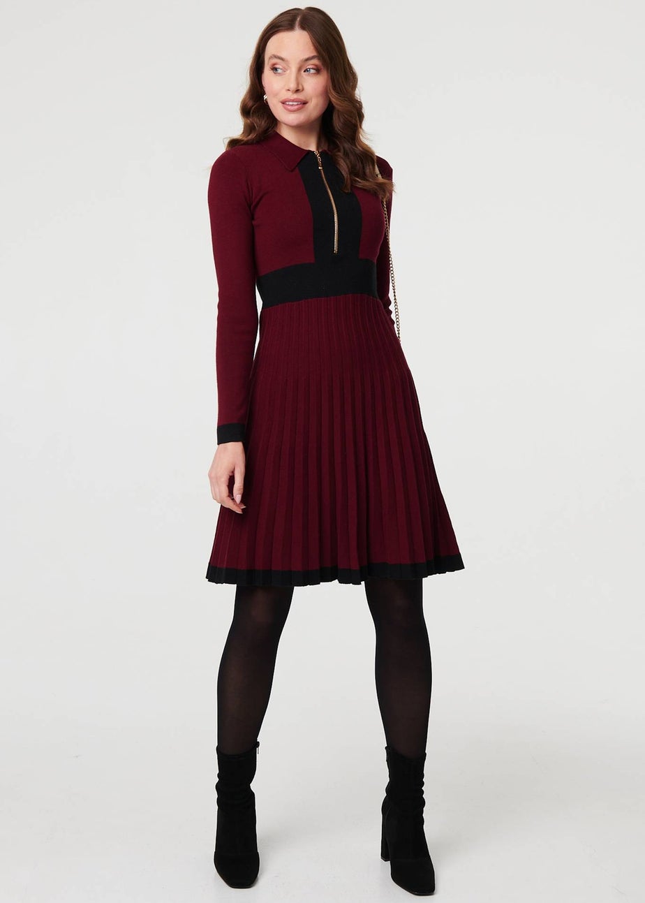 Izabel London Red Colour Block Zip Knit Knee Length Dress
