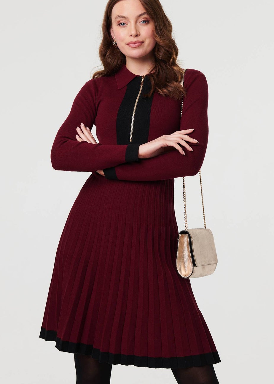 Izabel London Red Colour Block Zip Knit Knee Length Dress