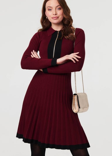 Izabel London Red Colour Block Zip Knit Knee Length Dress