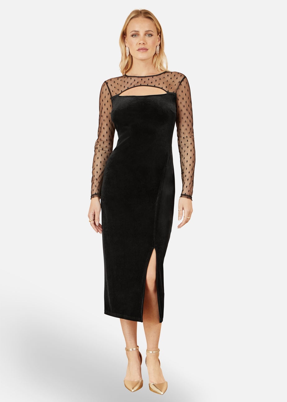 Yumi Black Velvet Midi Dress With Slash Neckline and Sheer Sleeves