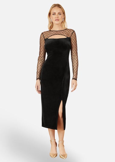 Yumi Black Velvet Midi Dress With Slash Neckline and Sheer Sleeves