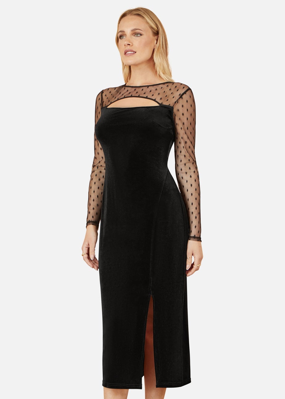 Yumi Black Velvet Midi Dress With Slash Neckline and Sheer Sleeves