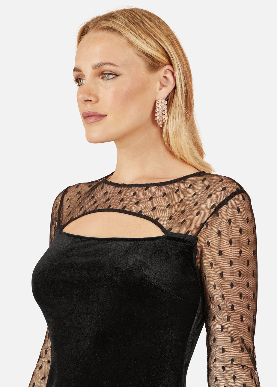 Yumi Black Velvet Midi Dress With Slash Neckline and Sheer Sleeves