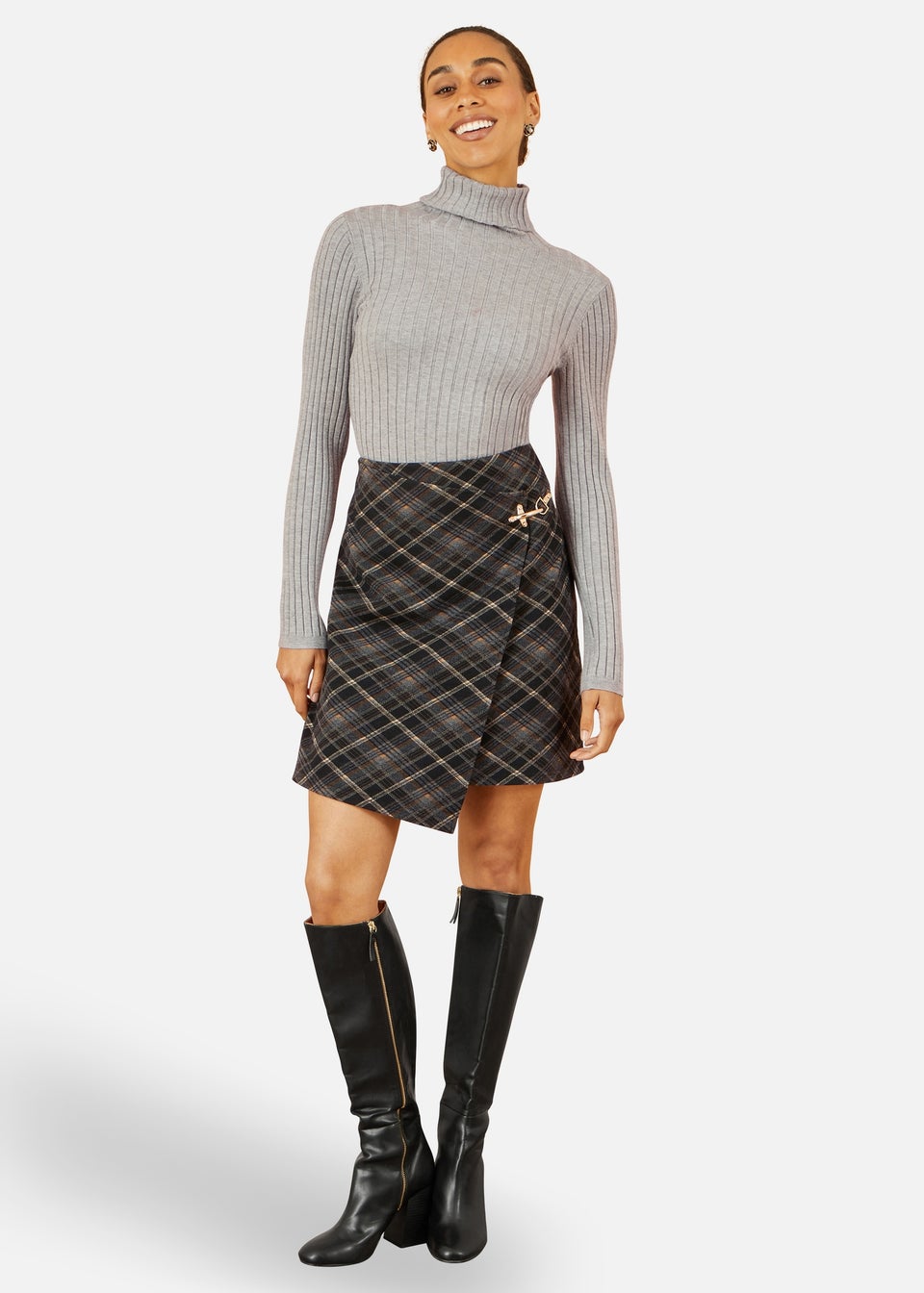 Yumi Black Check Wrap Mini Skirt With Gold