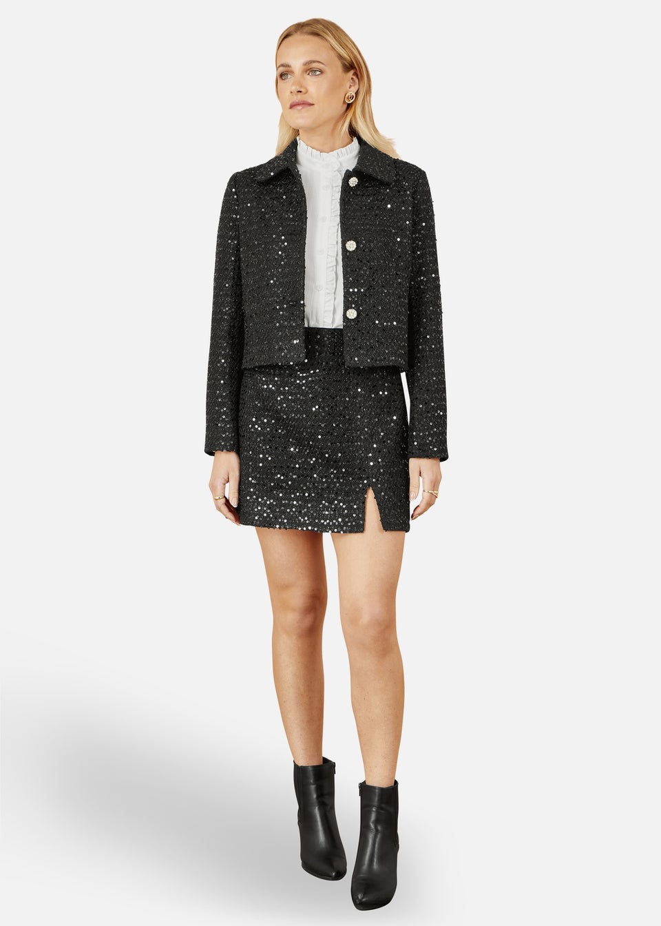 Yumi Black Boucle Sequin Jacket With Pearl Buttons