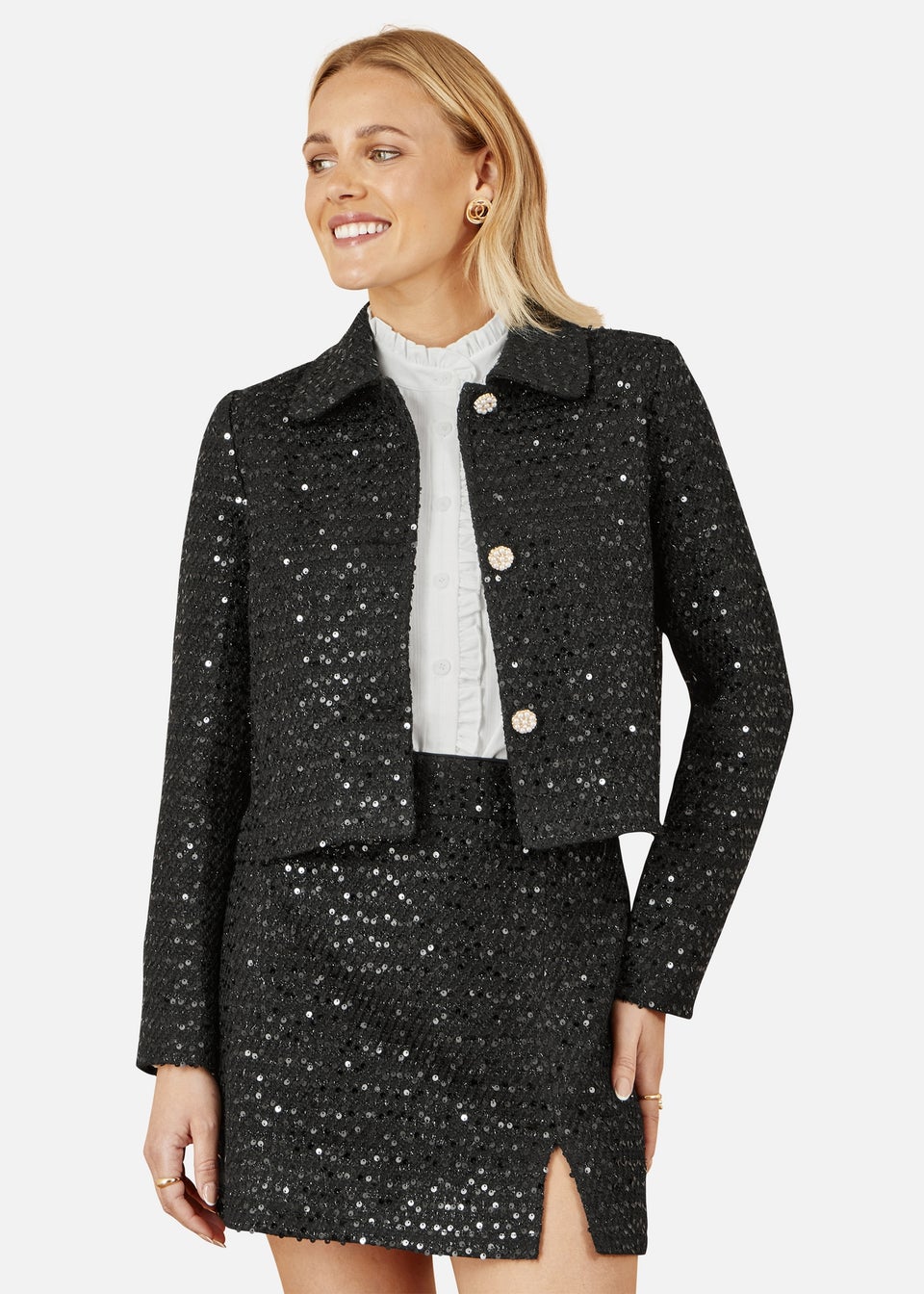 Yumi Black Boucle Sequin Jacket With Pearl Buttons