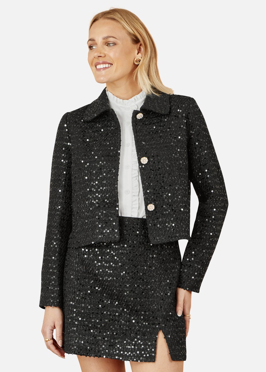 Yumi Black Boucle Sequin Jacket With Pearl Buttons