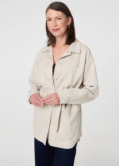 Izabel London Beige Faux Suede Tie Waist Relaxed Shacket