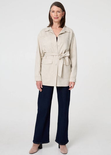 Izabel London Beige Faux Suede Tie Waist Relaxed Shacket