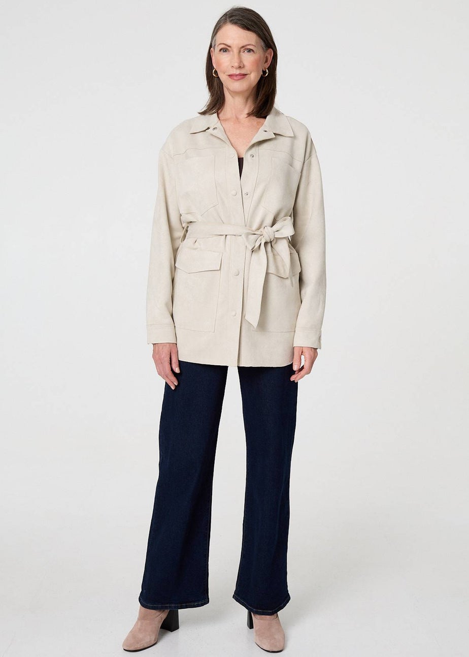 Izabel London Beige Faux Suede Tie Waist Relaxed Shacket