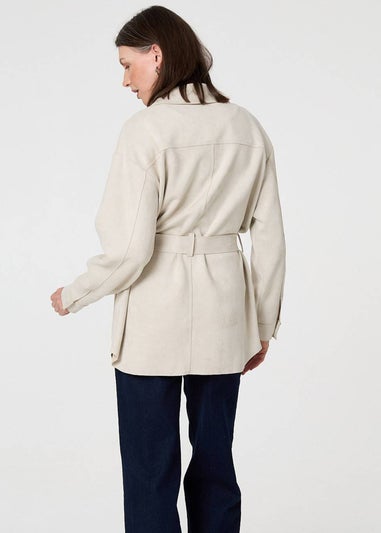 Izabel London Beige Faux Suede Tie Waist Relaxed Shacket