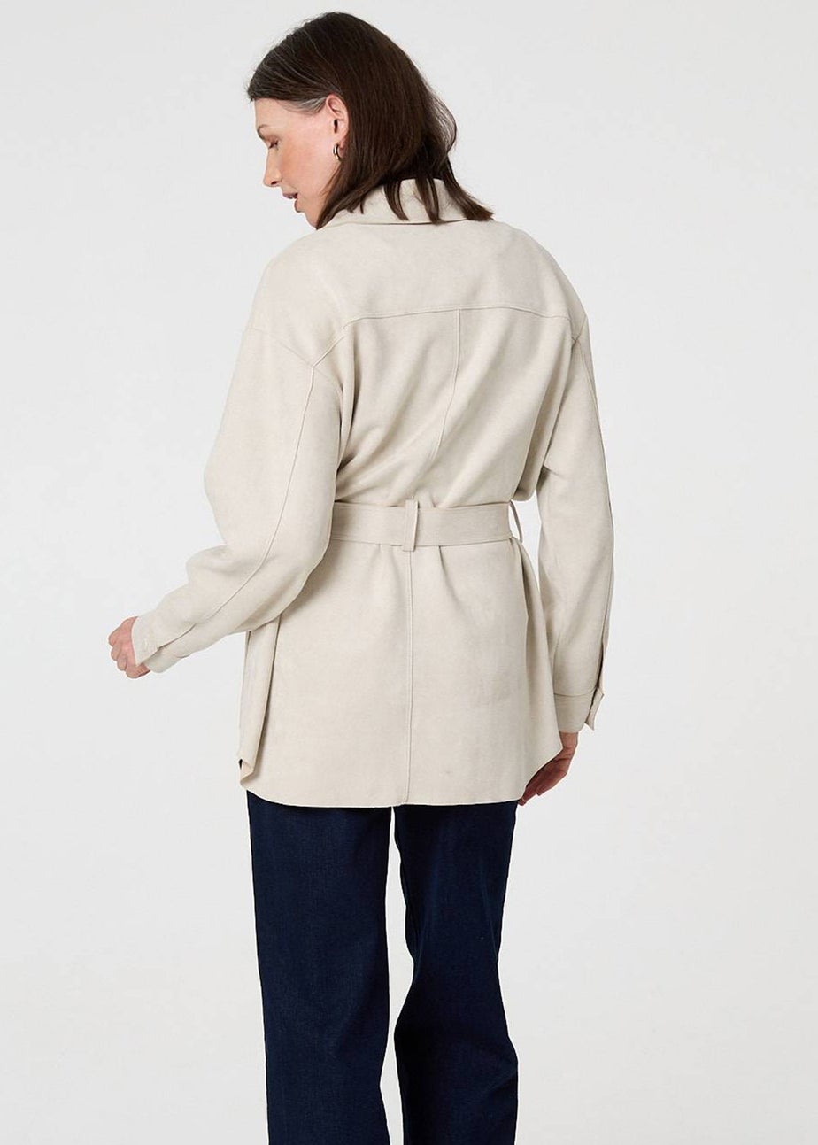Izabel London Beige Faux Suede Tie Waist Relaxed Shacket