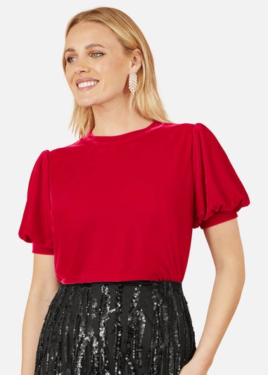 Yumi Red Velvet Puff Sleeve Top