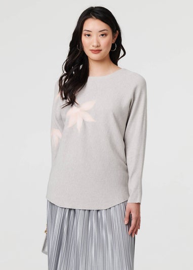 Izabel London Grey Floral Long Batwing Sleeve Relaxed Top